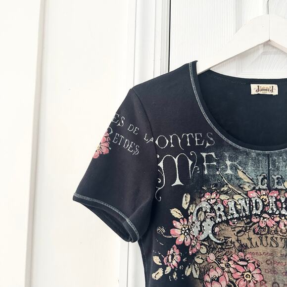 Jamee J Vintage USA Y2K Black Grand Ale Dark Romantic Baby Tee Top Large French - Picture 2 of 9